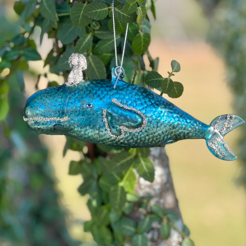 Glass Whale with Glittered Spout Gift Ornament, 2 colors