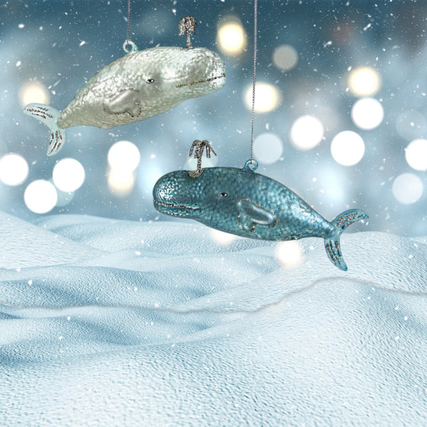 Glass Whale with Glittered Spout Gift Ornament, 2 colors